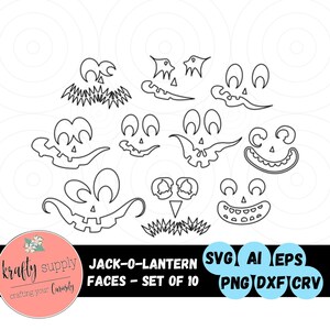 Könnte beinhalten: Ein Set mit 10 Schwarz-Weiß-Linienzeichnungen von Kürbisgesichtern. Die Designs sind zum Basteln gedacht und beinhalten verschiedene Gesichtsausdrücke.