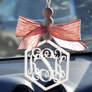 Personalized Monogram Car Charm | Rearview Mirror Ornament | Ribbon & Bead Car Charm | Vehicle Mirror Hanger | Car Accessories | Bag Charms