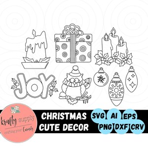 May include: Black and white line art illustrations of Christmas decorations including a gift box, candles, ornaments, an owl, and the word "Joy".
