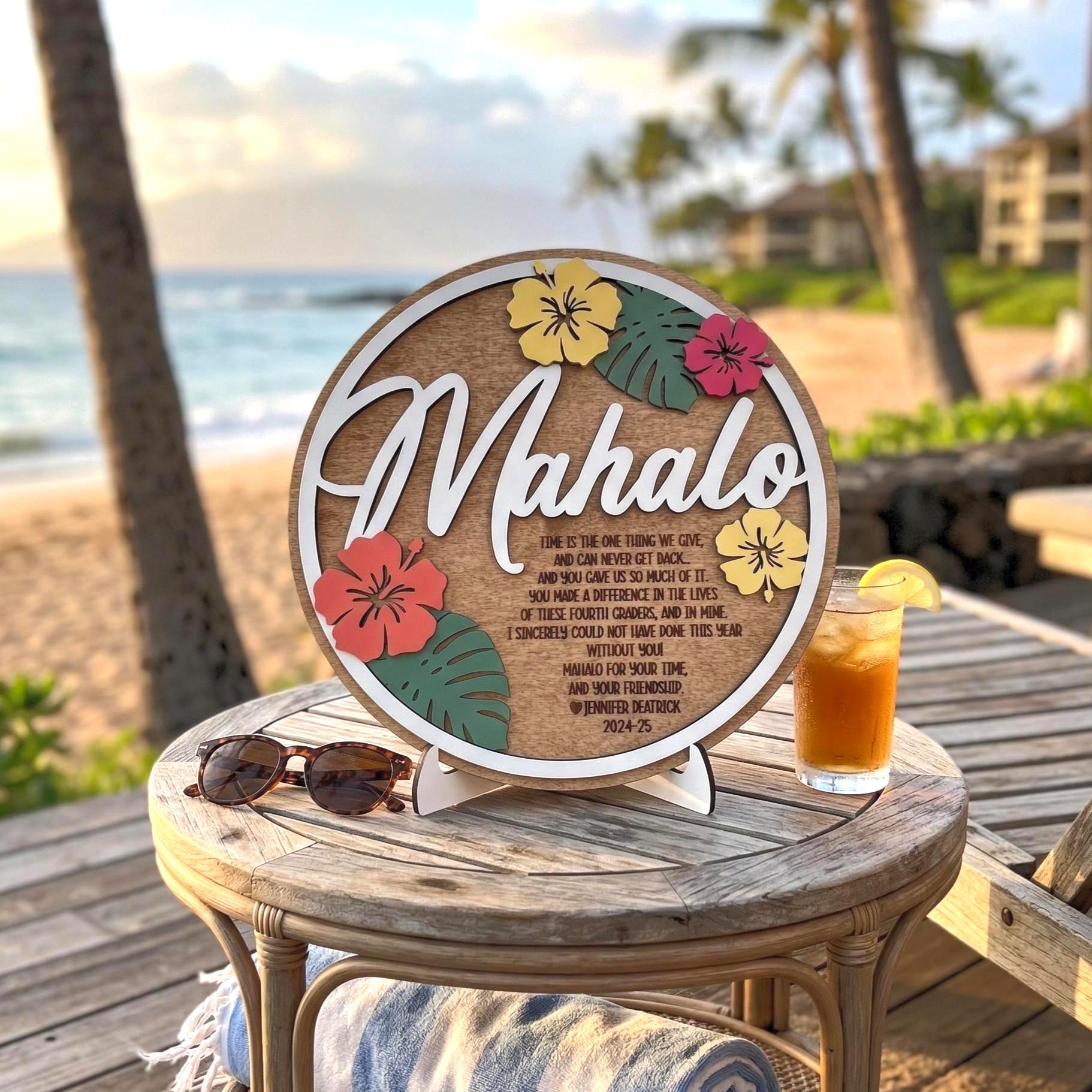 Layered Wood Mahalo Gift | Hawaiian Flowers, Custom Message - Etsy