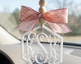 Personalized Monogram Car Charm | Rearview Mirror Ornament | Ribbon & Bead Car Charm | Vehicle Mirror Hanger | Car Accessories | Bag Charms