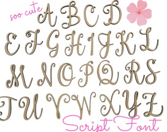 May include: A set of wooden letters in a script font, painted brown. The letters are arranged in alphabetical order, from A to Z. The letters are on a white background. The text "soo cute" and "Script Font" are written in pink.