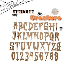 Pequeña criatura extraña / Letras de madera / Letras cortadas con láser / Fuente de Halloween / Letras aterradoras / Letras de proyectos escolares para niños / Arte y manualidades