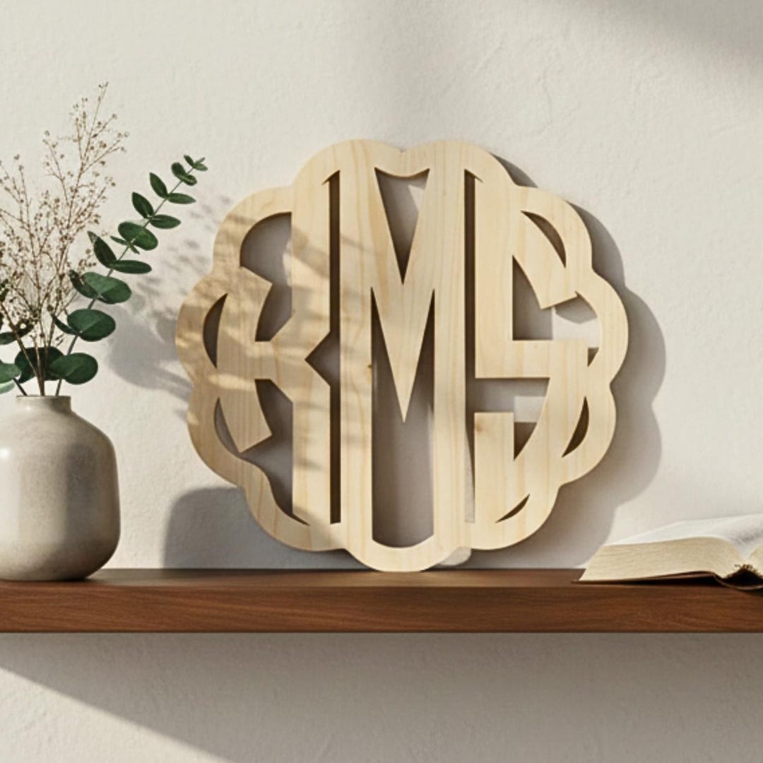 Laser Cut Scallop Frame Block Monogram, 3 Letter Initial Signet ...