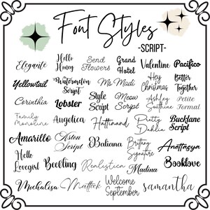 May include: A black and white graphic featuring various script font styles. The text "Font Styles" is at the top, with a list of font names like "Hello", "Yellowtail", and "Booklove" below. Decorative elements frame the text.