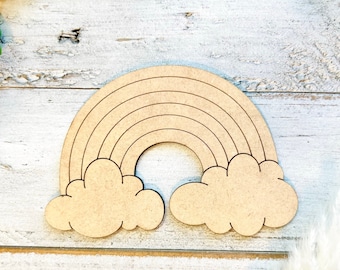 Large Wood Rainbow | Wooden Rainbow with Clouds | Craft Wood Cutout | Craft Rainbow | Paint by Line