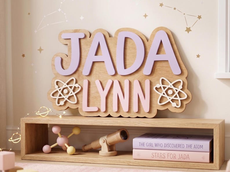 May include: A wooden name sign with the name "JADA LYNN" in lavender and pink, with atom symbols. The sign is displayed above a wooden shelf with books and a toy telescope. The background features constellation decals.