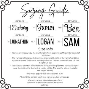 May include: A black and white sizing guide with the words "Sizing Guide" at the top. The guide includes example names like Zachary, James, and Ben, with measurements in inches. It also provides size information and notes about the product.