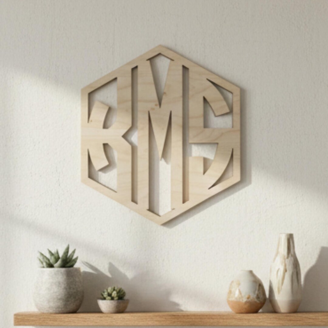 Laser Cut Hexagon Frame Block Monogram, 3 Letter Circle Initial Signet ...