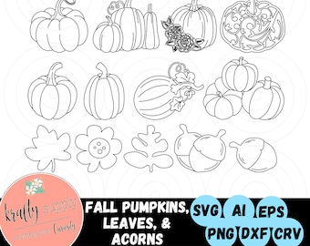 May include: A set of black and white line art illustrations of fall pumpkins, leaves, and acorns. The illustrations are perfect for crafting projects, scrapbooking, or digital design.