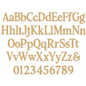May include: A complete set of wooden uppercase and lowercase letters, along with numbers 0-9 and an ampersand. The letters and numbers are in a serif font and are a light brown color.