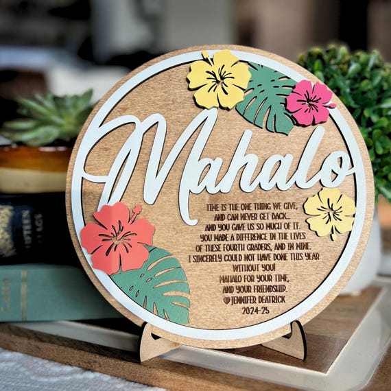 Layered Wood Mahalo Gift | Hawaiian Flowers, Custom Message