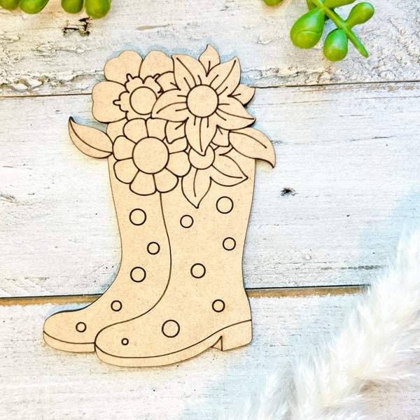 Small 3"-10" Wood Rain Boots with Flowers | Craft Wood Shapes | Spring Decor | DIY Crafts | Paint by Lines