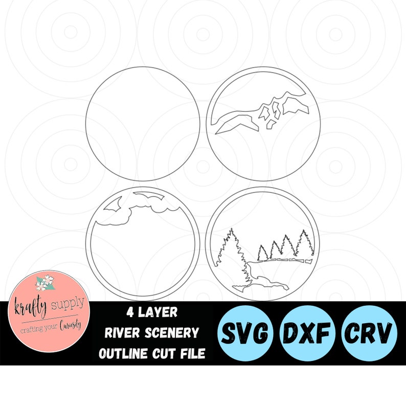 May include: Four layered SVG cut file design of a river scene with mountains, clouds, trees, and a river. The design is in black and white and is labeled "4 Layer River Scenery Outline Cut File".