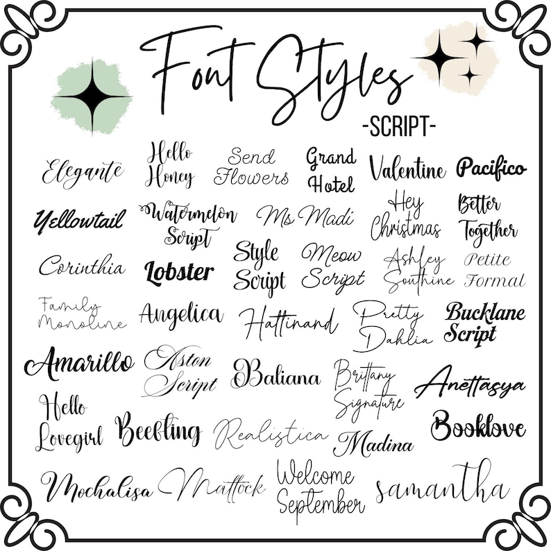May include: A black and white chart titled Font Styles -SCRIPT- displaying a collection of various cursive and calligraphy typefaces. The list includes names such as Elegante, Hello Honey, Send Flowers, Grand Hotel, Valentine, Pacifico, and others.