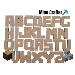 May include: A set of wooden alphabet letters in a Minecraft style, with a pickaxe and a block of wood. The letters are brown and have a pixelated design. The pickaxe is blue and has a wooden handle. The block of wood is brown and has a texture.