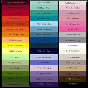 May include: A color palette featuring a variety of hues, including reds, oranges, yellows, greens, blues, purples, and pinks. Each color is labeled with a unique code, such as "RV-3004 Bordeaux Red" and "RV-144 Bali Green".