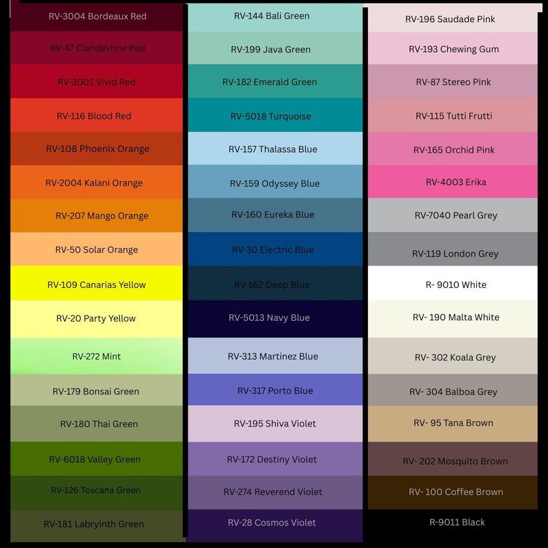 May include: A color palette featuring a variety of hues, including reds, oranges, yellows, greens, blues, purples, and pinks. Each color is labeled with a unique code, such as "RV-3004 Bordeaux Red" and "RV-144 Bali Green".
