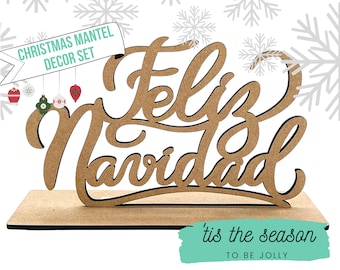 Feliz Navidad Mantel Decor | Wooden Mantel Decorations| Spanish Christmas Decor | Fireplace Decor | Christmas Tree Decorations