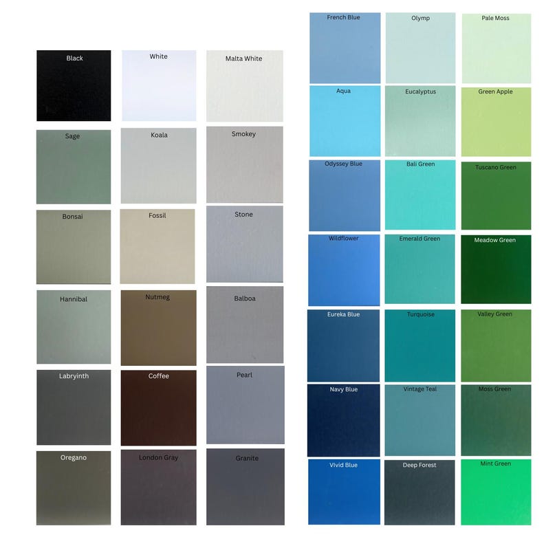 May include: A color chart featuring a grid of fifty-four distinct square swatches, each labeled with a specific name. The palette includes a wide range of shades from black, white, and various grays to blues, teals, and greens, organized in columns.