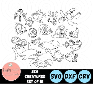 Simpatiche creature marine / Set di 18 / Creature dell'oceano SVG / Delfino SVG / File di tartarughe marine / Taglio laser / Download digitale / Ritagli Glowforge