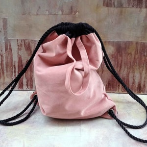Suede Drawstring Bag, Pink and Black Leather Backpack, Leather and Cotton Shoulder Bag, Leather Yoga Bag, Travel Bag, Gym Bag