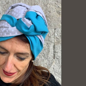 Cotton Gray Pois and Turquoise Turban for Women, Double Face Turban Head Wrap, Handmade Reversible Turban