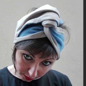 Wool and Light Wool Beige and Light Blue Turban for Women, Double Face Turban Head Wrap, Handmade Reversible Turban