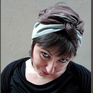 Raw Silk and Cotton Gray and Brown Floreal Pattern Turban for Women, Double Face Turban Head Wrap, Handmade Reversible Turban