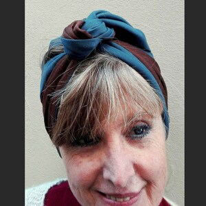 Shantung Silk and Wool Brown and Blue Turban for Women, Double Face Turban Head Wrap, Handmade Reversible Turban