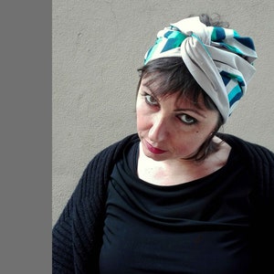 Cotton Turban Headband, Beige and Blue Fantasy Turban for Women, Double Face Turban Head Wrap, Handmade Reversible Turban