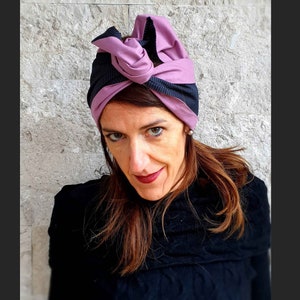 Cotton and Light Wool Turban Headband, Blue stripes and Lilac , Turban for Women, Double Face Turban Head Wrap, Handmade Reversible Turban