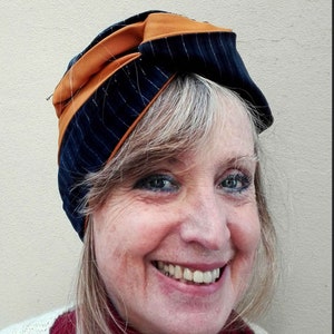 Cotton and Velvet Gold stripes Turban Headband, Blue and Yellow Turban for Women, Double Face Turban Head Wrap, Handmade Reversible Turban