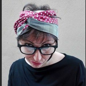 Light Wool and Cotton Red Pois and Prince of Wales Turban for Women, Double Face Turban Head Wrap, Handmade Reversible Turban