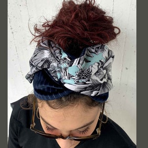 Velvet and Cotton Blue Stripes Green Fantasy Pattern Turban for Women, Double Face Turban Head Wrap, Handmade Reversible Turban