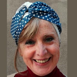 Cotton White and Blue Pois Turban for Women, Double Face Turban Head Wrap, Handmade Reversible Turban