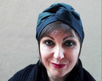 Cotton and Light Wool Black and Blabk Pois Turban for Women, Double Face Turban Head Wrap, Handmade Reversible Turban