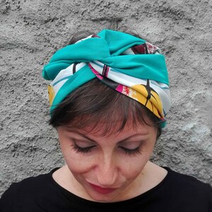 Cotton Turquoise and Multicolor Leaf Pattern Turban for Women, Double Face Turban Head Wrap, Handmade Reversible Turban