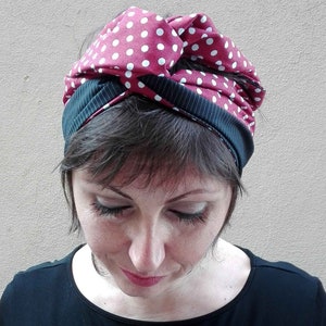 Light wool and Cotton Red Pois and Blue Stripes Turban for Women, Double Face Turban Head Wrap, Handmade Reversible Turban