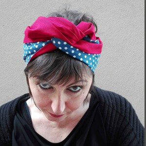 Cotton Red and Blue Pois Fantasy Pattern Turban for Women, Double Face Turban Head Wrap, Handmade Reversible Turban