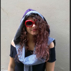 Scarf Hood in Wool and Eco fur  for Women, Purple and Wool Scarf Hood, Double Face Hood, Handmade in Italy Infinity Scarf, Boho Hood