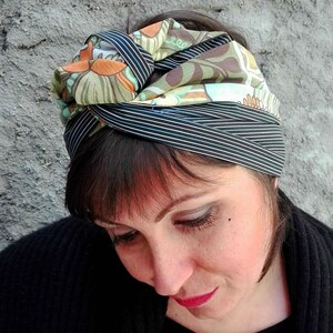 Cotton  Turban Headband, Blue Stripes and Green Floral Pattern Turban for Women, Double Face Turban Head Wrap, Handmade Reversible Turban