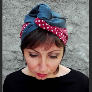 Wool and cotton Blue and Red Pois Turban for Women, Double Face Turban Head Wrap, Handmade Reversible Turban