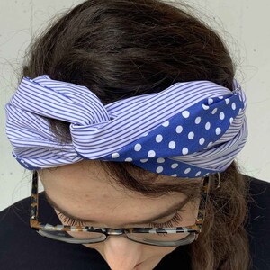 Cotton  Turban Headband, White stripes and Blue pois, Turban for Women, Double Face Turban Head Wrap, Handmade Reversible Turban