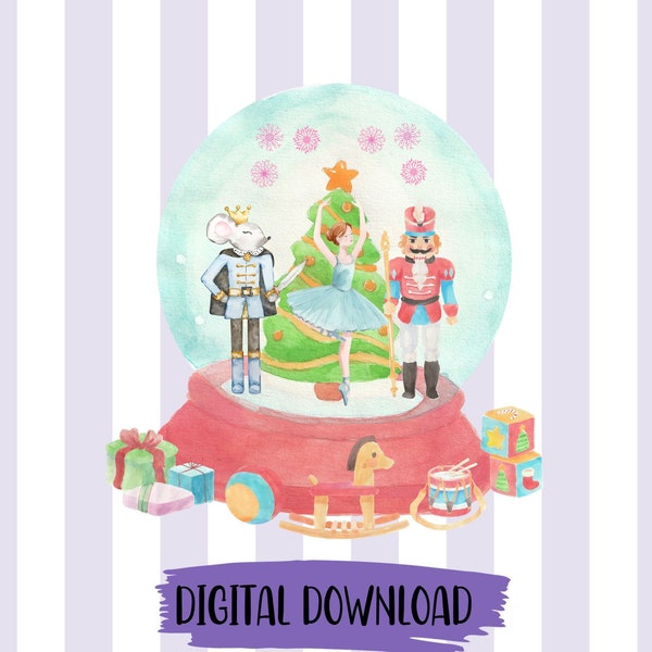 Nutcracker Png Christmas ballerina Holiday Clipart Ballet Rocking Horse Sugar Plum Fairy Russian Watercolor Christmas Sublimation Snow globe