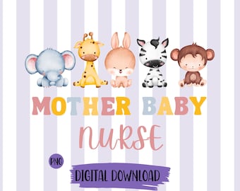Mother Baby Nurse Animals PNG, Nursery Decor (Digital Download)