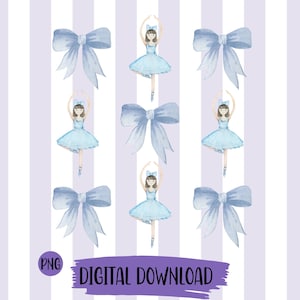 May include: A digital pattern featuring repeating watercolour illustrations of ballerinas in light blue tutus and matching hair bows, interspersed with large light blue bows, set against a background of vertical white and light purple stripes.