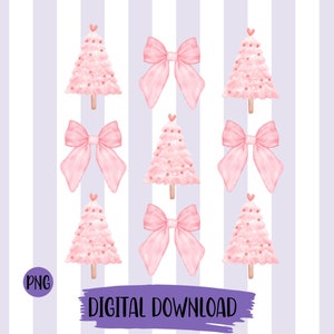May include: Watercolor digital download featuring pink Christmas trees and bows on a striped background. Each tree has a heart at the top. The text "DIGITAL DOWNLOAD" is included in the image.
