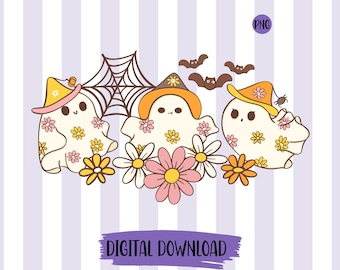 Retro Ghost Halloween PNG, Floral Boo Clipart (Digital Download)