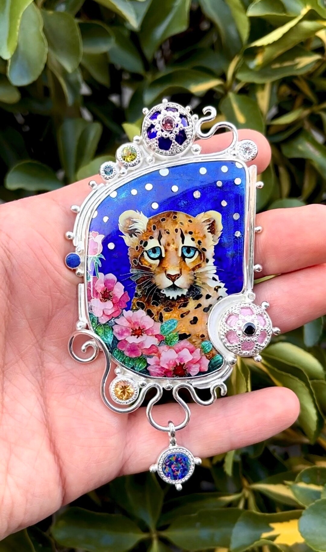 Unique. Cute Leopard Cub. Pendantbrooch. Handmade Cloisonne